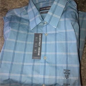 Geoffrey Beene Men's Light Blue Checkered Shirt - Medium, Slim-Fit, NWT